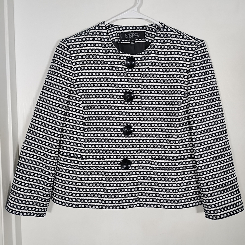 Kasper Women's 2P Black/White Four Button Blazer Jacket Short Formal Career